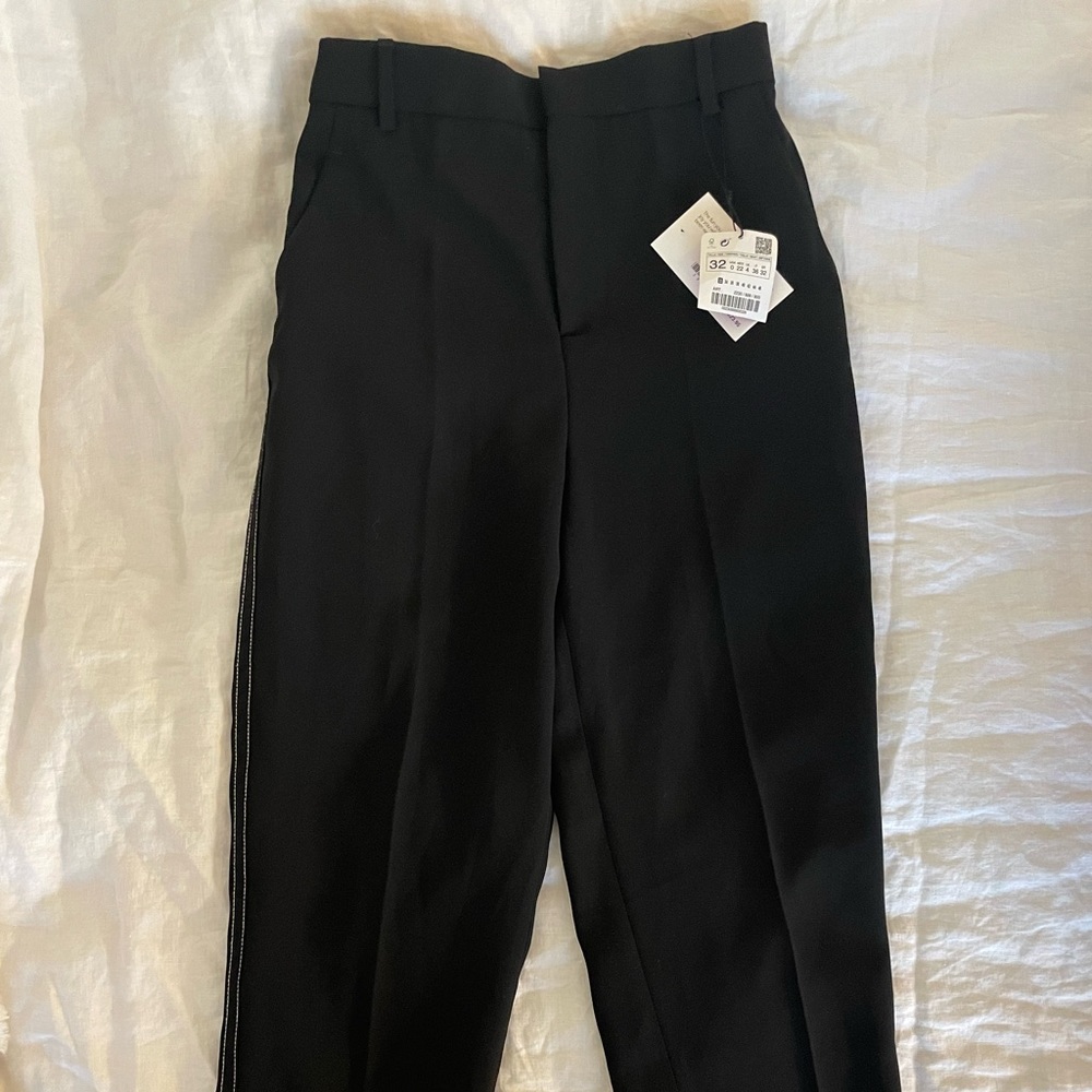 Zara pleated work pants with white detailed stitching